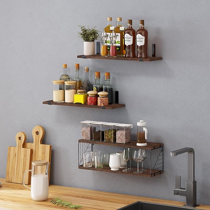 Fixwal 3+1 Tier Bathroom Floating Shelves Over Toilet, 15.8in Farmhouse Rustic Wood Shelves, Wall Decor for Bathroom, Living Room,Bedroom and Kitchen (Dark Brown)