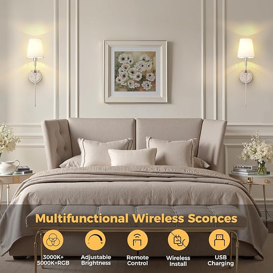 DORESshop Battery Operated Wall Sconce Set of 2, Wireless Wall Light Easy to Install, 7 Color Rechargeable Wall Sconces, Sconce Wall Decor Set of 2 for Bedroom, Living Room, Silver, 24.3in