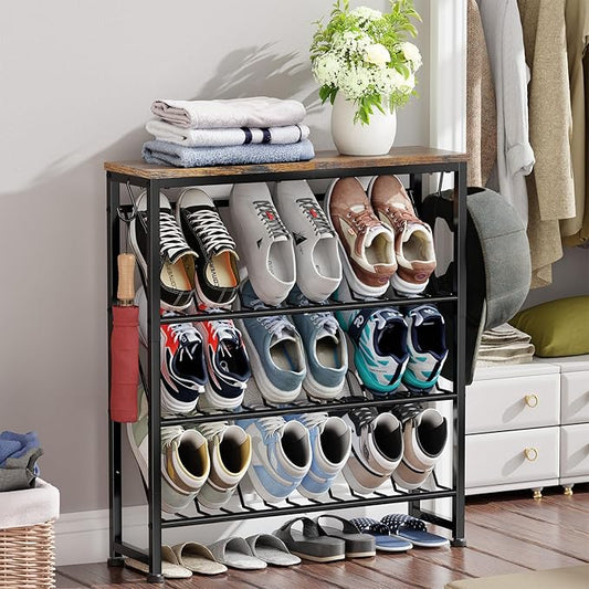 4 Tier Narrow Shoe Rack, Slanted Metal Shoe Organizer with Wooden Top and Metal Frame-Shoe Storage Shelf for Entryway, Closet, Rustic Brown and Black