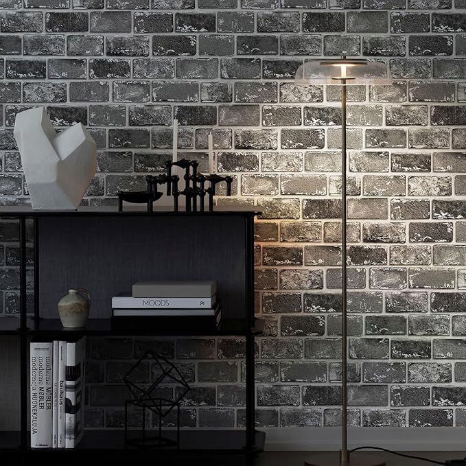 GaliGali Black and Silver Brick Wallpaper, Peel and Stick Wallpaper, Self-Adhesive Classic Antique Texture Rock Wall Paper, Removable Contact Paper for Home Decoration 17.3"x393", No.A07020J-10