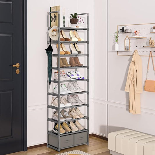 OYREL Shoe Rack, Sturdy Metal Shoes Rack Organizer,Narrow Shoe Rack,Shoe Racks for Closets,Shoes Rack,Shoe Stand,Shoe Shelf (10 Tier with 2 Boxes and 1 Hook)