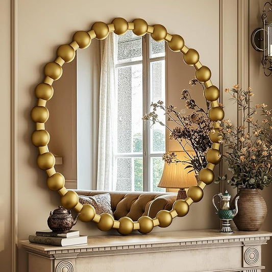 Round Mirror for Wall, 24 Inch Gold Beaded Frame Decorative Vanity Mirror, Circle Bathroom Mirror with High-Definition Lense, Modern Wall Decor for Bathroom, Living Room, Bedroom, Entryway