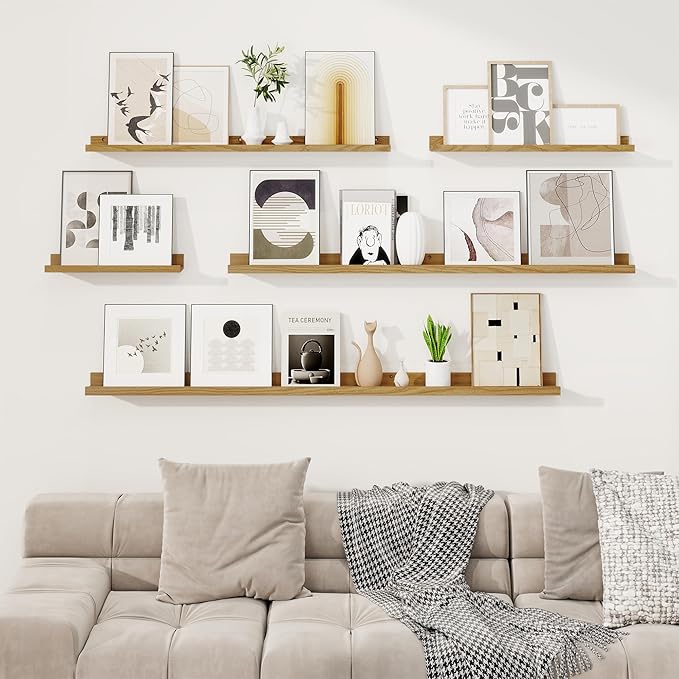 RICHFOCUS Picture Ledge Shelf, 36 inch Floating Shelves Set of 2, Wood Wall Shelves with Lip, Wall Decor Storage for Bedroom Living Room Bathroom Kitchen Nursery Photo Picture, Oak