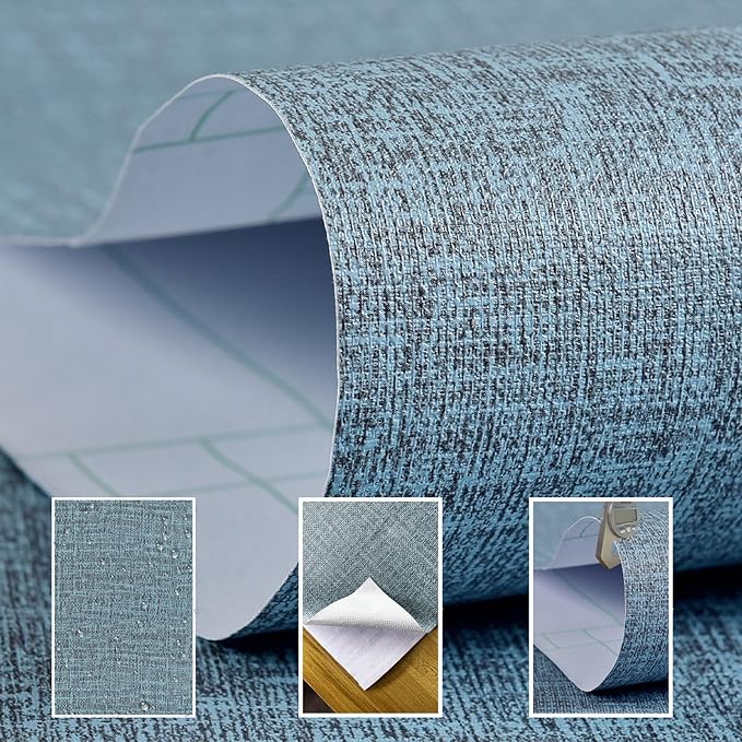 Yancorp 32.8ft Textured Fabric Teal Wallpaper Faux Grasscloth Blue Peel and Stick Wallpaper Self-Adhesive Wallpaper Linen Removable Wallpaper Cabinets Counter Top Liners