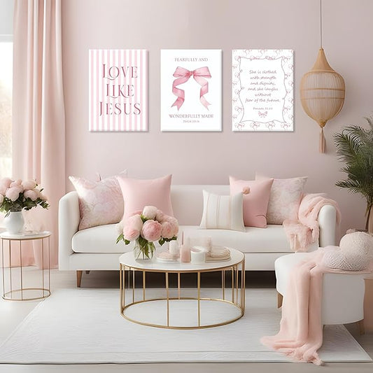Coquette Pink Bow Wall Art Set of 3, Light Pink Bow Dorm Room Wall Decor Paintings, Inspirational Scripture Verses Canvas Posters Prints Pictures for Girls Dorm Room Bedroom Bathroom 16x24 Inch Framed