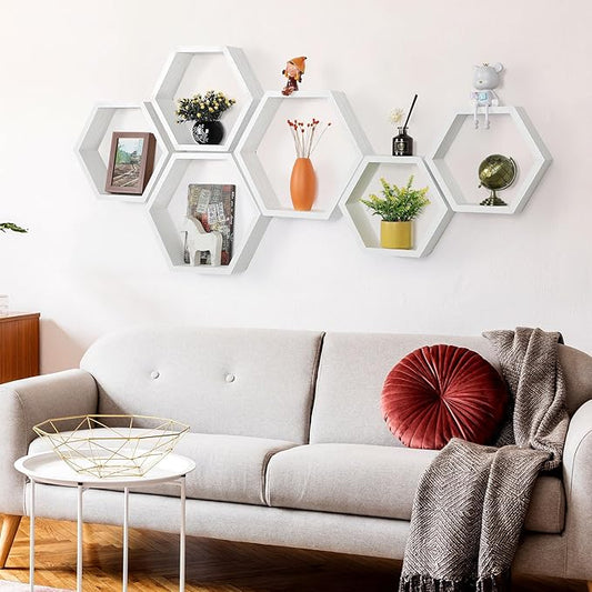 Hexagon Floating Shelves Set of 6 Wood Honeycomb Shelves Wall Mounted Farmhouse Storage Honeycomb Wall Shelf Hexagonal Decor Shelf with Hanging Hardware for Bedroom Living Room Kitchen, White MDF