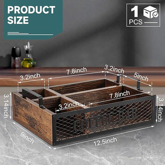 Coffee Station Organizer for Countertop, All in One No Assembly Wood Coffee Creamer Bar Holder with Iron Mesh, Office Tea Bar Accessories Gift for New Home Birthday(Brown,Natural)