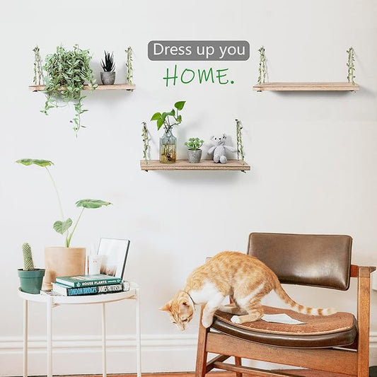 MITIME Leaf Rope Hanging Floating Shelves, Wall Swing Storage Shelf for Home Decor.17, 3-Pack (Light Color)