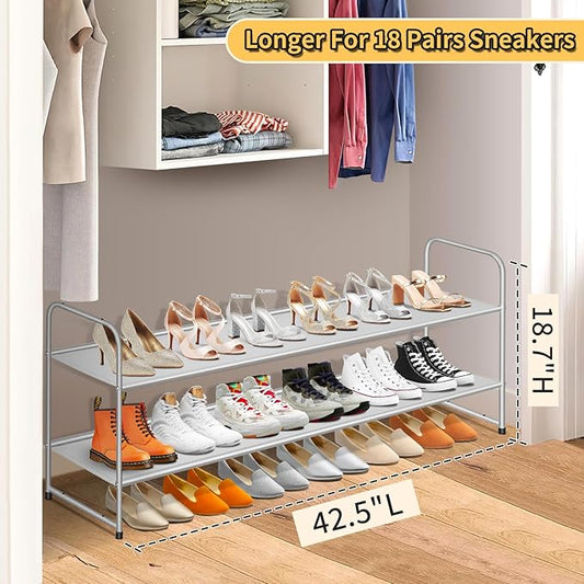 SLEEPING LAMB 2-Tier Long Shoe Rack Organizer for Closet, Stackable Wide Shoe Shelf Holds 18-Pairs Low Shoe Storage for Bedroom, Floor, Entryway (Grey)