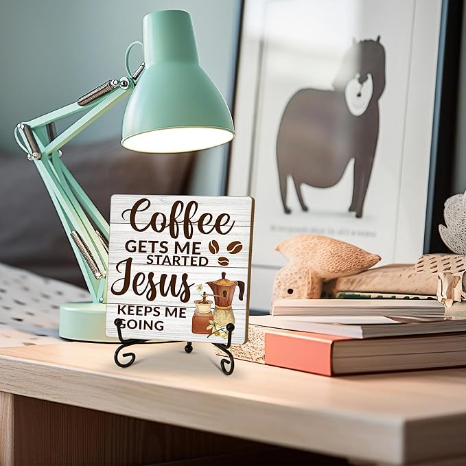 Coffee Gets Started Jesus Keeps Me Going Wood Plaque Sign With Stand, Christian Quote Desk Sign Decor for Farmhouse Home Kitchen Coffee Bar Table Shelf, Motivational Gifts for Women Man Friends