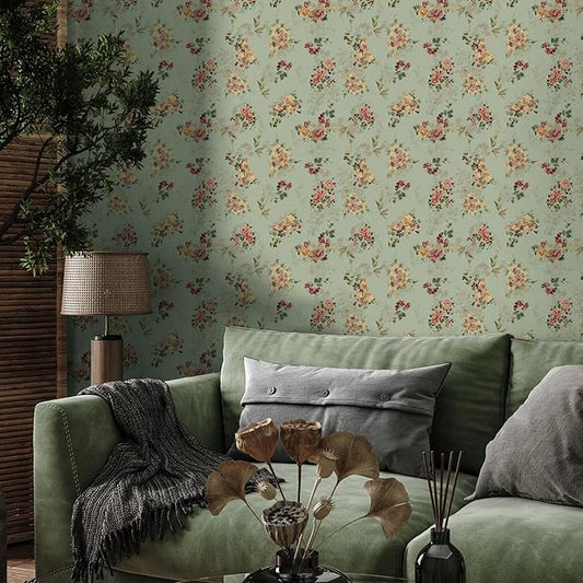 Green Vintage Floral Wallpaper Peel and Stick Mid Century Antique Flower Wall Paper Vinyl Roll for Bedroom Living Room Sticky Removable Floral Contact Paper for Cabinet Drawer 12"x 118"