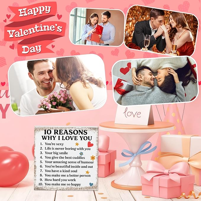 Valentines Desk Decor, Valentine's Day Home Office Table Sign for Wife Daughter from Dad Husband, Valentine Gifts Decorations for Porch Tiered Tray Shelf Party, 10 Reasons Why I Love You