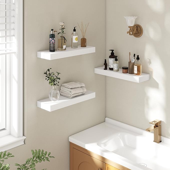 20 Inch Floating Shelves | 6.5 Inch Deep White Floating Shelves Set of 2 | 20" W x 6.5" D Rustic White Wood Wall Shelves with Invisible Brackets for Bathroom Living Room Bedroom