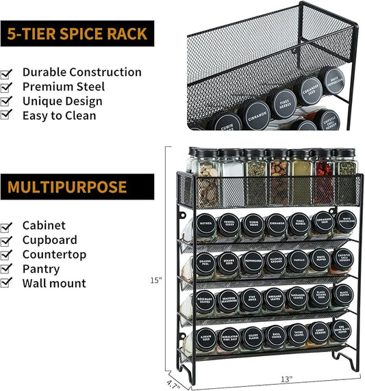 Spice Rack Organizer with 28 Spice Jars, Black Lids,Spice Labels, Chalk pen and Funnel Set for Cabinet, Countertop, Pantry, Cupboard or Wall Mount