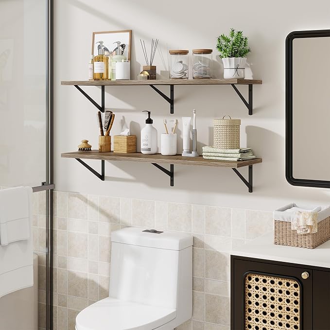 Floating Shelves for Wall,40" Wall Mounted Shelves Set of 2,Long Wood Floating Shelves,Hanging Wide Display & Storage Shelf with Metal Brackets for Bathroom,Bedroom,Kitchen,Living Room,Grey