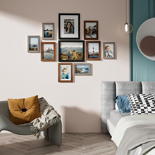 Vittanly 10 Pack Picture Frames, Picture Frames Collage Wall Decor with Two 8x10, Four 5x7, Four 4x6 Photo Frames, Gallery Wall Frame Set for Wall or Tabletop Display, Black, Walnut Brown, Dark Grey