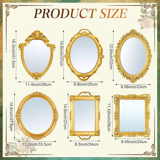 6 Pcs Vintage Gold Mirrors Set Including Small Oval Wall Mirror Antique Shield Shape Square Decorative Mirror Dresser Mirrored Tray for Bedroom Wedding Victorian Decor (Classic,Gold)