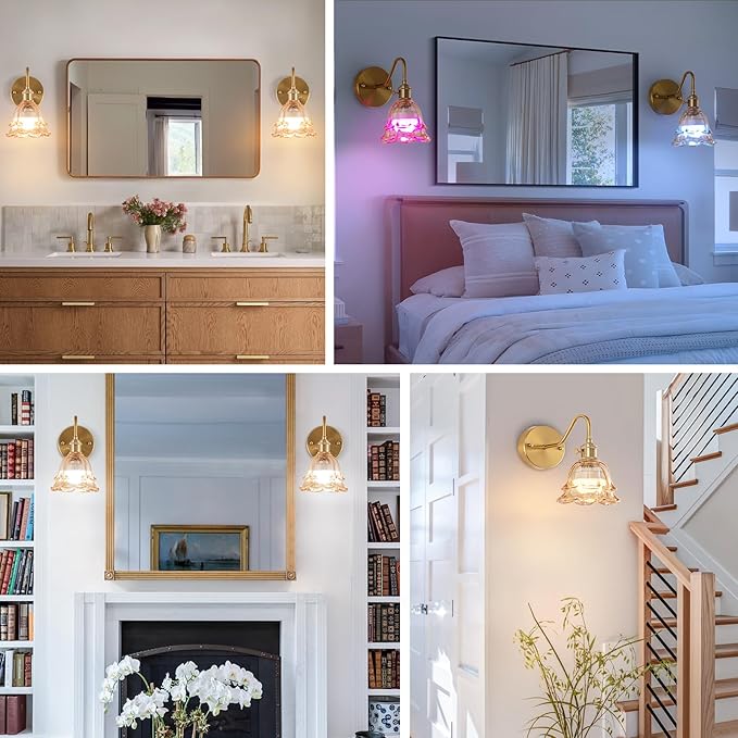 Vintage Battery Operated Wall Sconce, Rechargeable Wireless Wall Sconces with Remote Control, Indoor Wall Light Amber Glass Lampshade with RGB Dimmable for Bedroom, Living Room, Set of Two