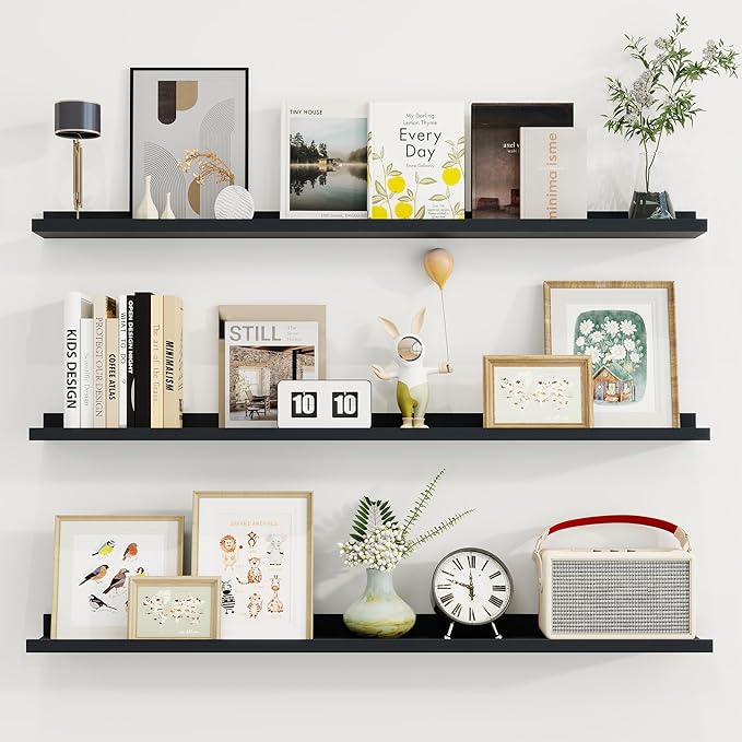 Axeman 40 Inch Floating Shelves | Black Picture Ledge Shelf Set of 3 | Rustic Wood Wall Shelves with Lip | 40" Black Picture Shelf for Wall with Ledge | Photo Shelves