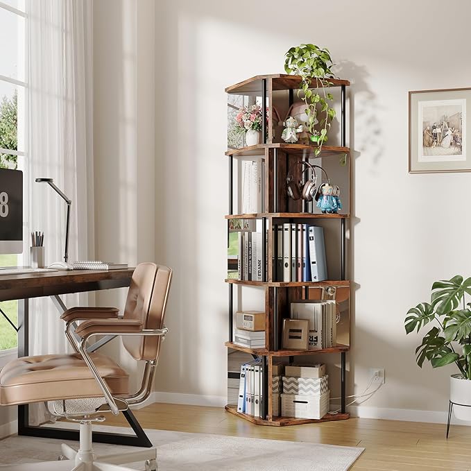Industrial Corner Shelf with LED Lights & Mirror-Effect Panels, 6-Tier Modern Corner Bookshelf with Remote Control Color-Changing Lights, Space-Saving Display Unit for Bedroom & Living Room
