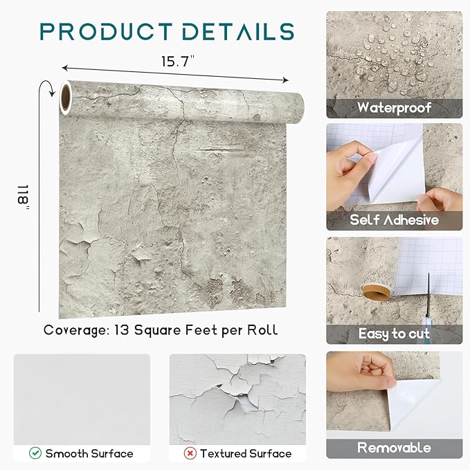 VEELIKE 15.7''x118'' Old Cracked Beige Concrete Wallpaper Peel and Stick Removable Industrial Wallpaper for Bedroom Living Room Accent Wall Self Adhesive Concrete Contact Paper for Countertops Walls
