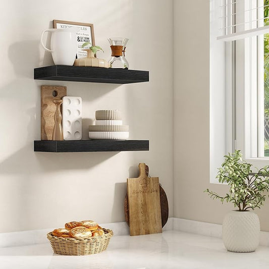16 Inch Floating Shelves for Wall 2 Pack, 16" Wall Shelves for Books, Storage, Decor, Wall Mounted Floating Shelf with Invisible Brackets for Kitchen, Living Room, Black