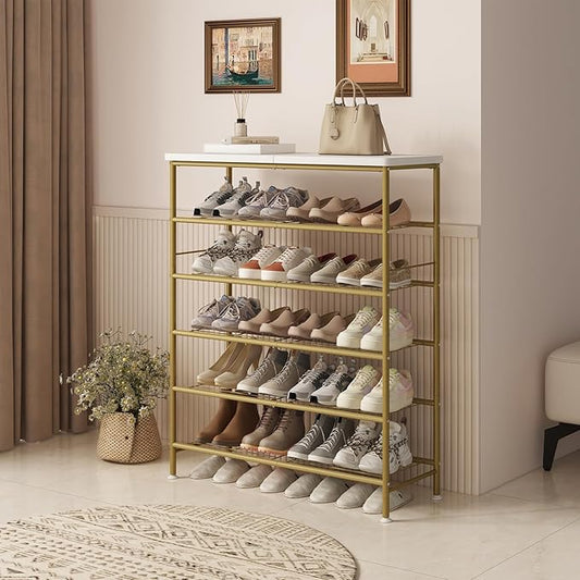SUOERNUO Shoe Rack Organizer 6 Tier for Closet Entryway Free Standing Metal Storage Shoe Shelf with MDF Top Board,Gold