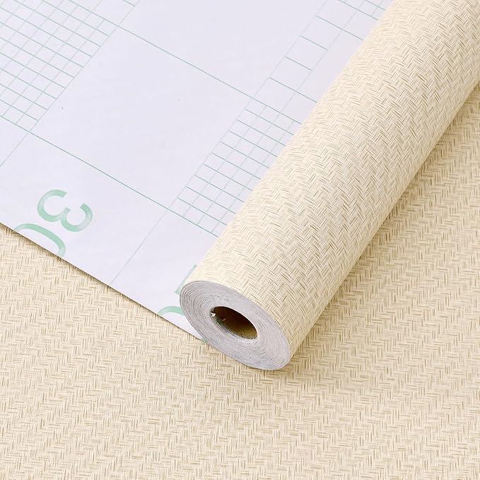 Haimin Fabric Wallpaper Textured Contact Paper (24in X 393in) Grasscloth Wallpaper Peel and Stick Faux Linen Wall Paper Self-Adhesive Vinyl Looks Like Woven Straw (Yellow Beige)