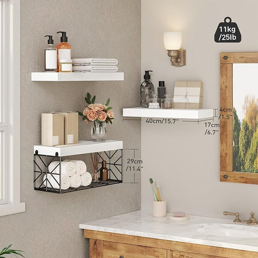 Bathroom Shelves Over Toilet Set of 3, Floating Shelves for Wall Toilet Paper Storage, 1.5" Thick Hanging Shelf, Farmhouse Wall Decor for Bathroom Living Room, Kitchen, White 4001BJWT