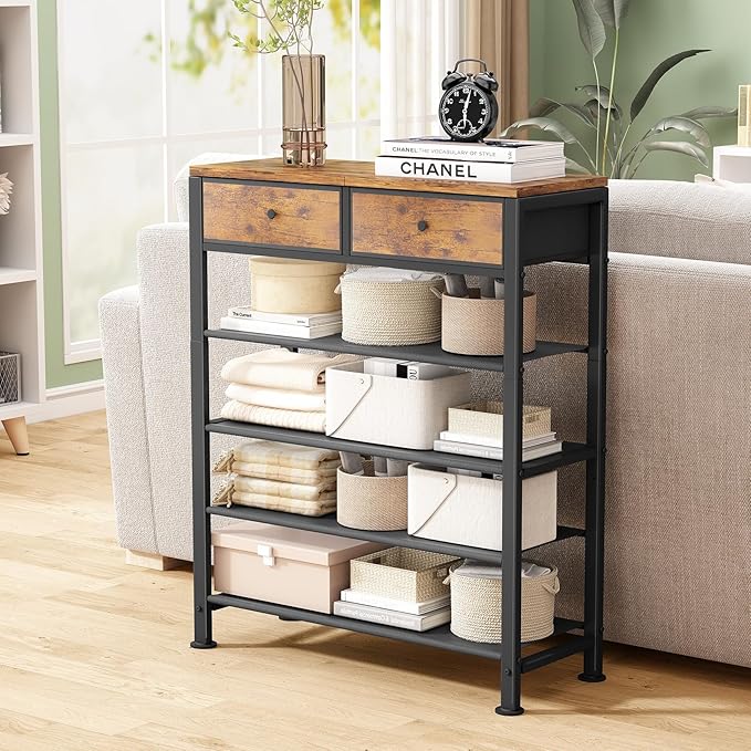 Kitstorack Shoe Rack, 5 Tier Shoe Organizer for 12-16 Pairs of Shoes, with 2 Drawers, 3 Fabric Shelves and Wooden Top, Shoe Rack for Closet Entryway, Rustic Brown