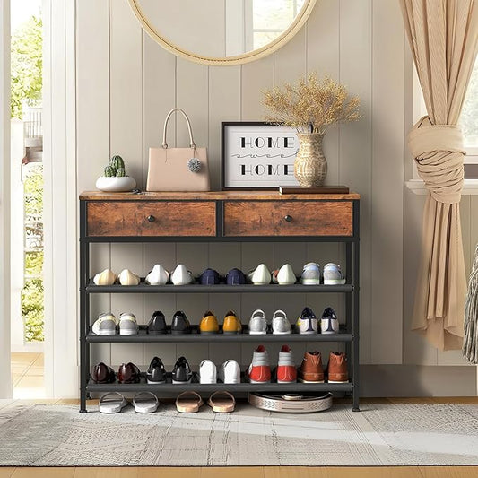 usikey Shoe Rack, 4 Tier Shoe Storage Organizer with 2 Drawers, Metal Shoe Shelf for 12-15 Pairs of Shoes, with 3 Oxford Fabric Shelves and Wooden Top, Shoe Stand for Entryway, Rustic Brown UNYXJX008F