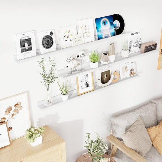 RICHFOCUS Floating Shelves for Wall, 55 inch Solid Wood Picture Ledge Shelf for Wall Storage, Nursery Book Shelves with Lip for Living Room Bathroom Bedroom Kitchen, Set of 3, Washed White