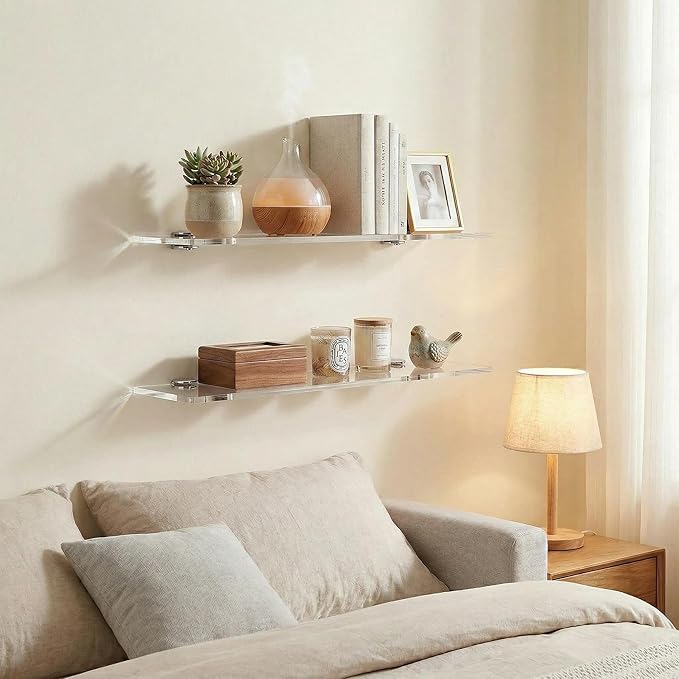 iobiotio Small Floating Shelves, 15'' Shelves for Wall, Decorative Floating Shelves for Home Office, Wall Mounted Rack, Clear, 2 Pcs