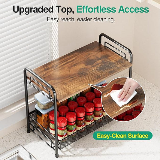 2 Pack Spice Rack Organizer for Countertop with Wood Top, 2-Tier Foldable Metal Rust-Proof Standing Large Seasoning Storage Shelf with Guardrail & Mesh Design for Kitchen Living Room, Black