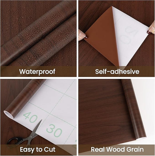 Abyssaly Wood Contact Paper, Red Brown Wood Peel and Stick Wallpaper, Self Adhesive Removable Wooden Look Grain Contact Paper for Cabinets Drawer Countertop 17.7 in X 118 in
