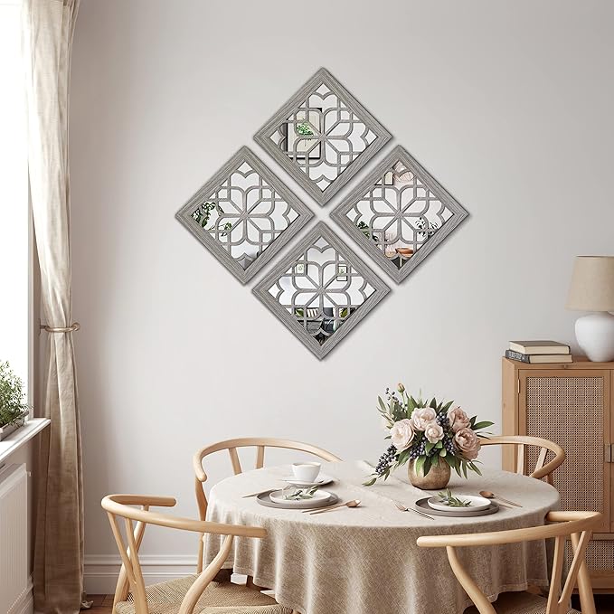 2 PCS Square Rustic Wall Mirror, Farmhouse Wall Mirrors Decorative Brown Wall Mirror for Bedroom Entry Living Room Dining Room (12”x12”)