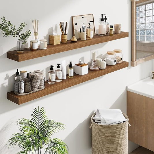 Fun Memories 55 Inch Floating Shelves Bedroom, Large Extra Floating Shelf Set of 2 with Invisible Brackets, Walnut