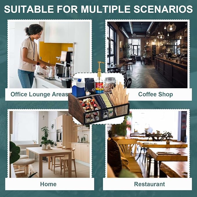 Coffee Station Organizer for Countertop, All in One No Assembly Wood Coffee Creamer Bar Holder with Iron Mesh, Office Tea Bar Accessories Gift for New Home Birthday(Dark Brown,Classical)