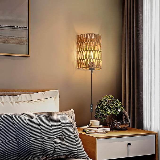 Boho Wall Decor Plug in Wall Sconces, Dimmable Sconces Wall Decor Set of 2, Natural Hemp Rope Boho Decor, Plug in Wall Light with Remote, LED Bulbs Included