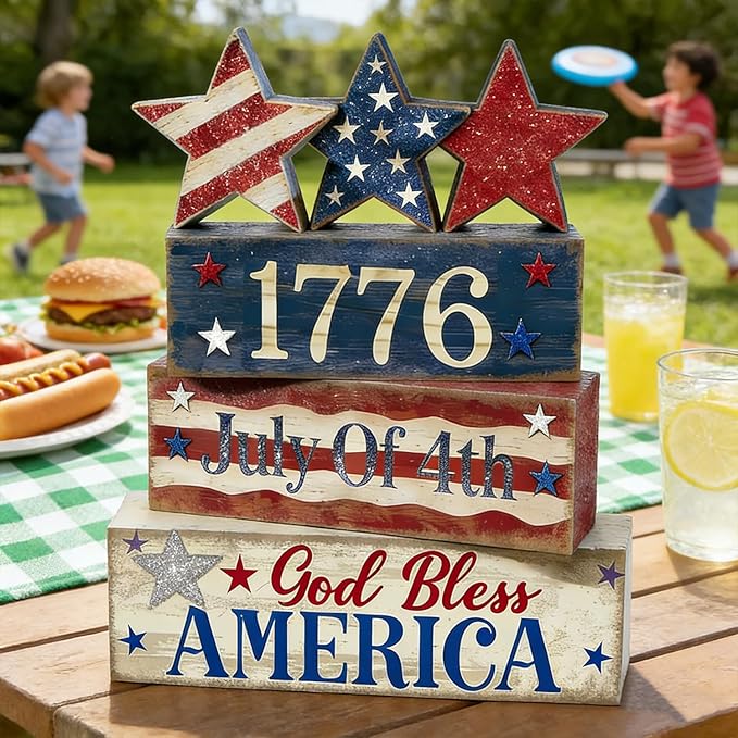 4th of July Table Decorations Patriotic Memorial Day Tiered Tray Decor Wooden Star Block Signs Independence Farmhouse 250th July Fouth Centerpiece for Tables Wooden Sign for Home Decor