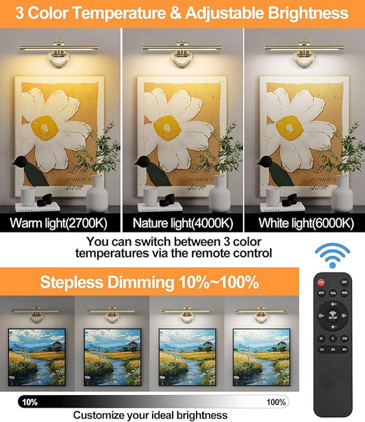 Picture Light for Wall, Battery Operated Art Light, Picture Frame Light with Remote & Timer, Cordless Wall Light with 3 Colors Modes for Pantings, Photo Gallery(Antique Bronze, 15.7inch)