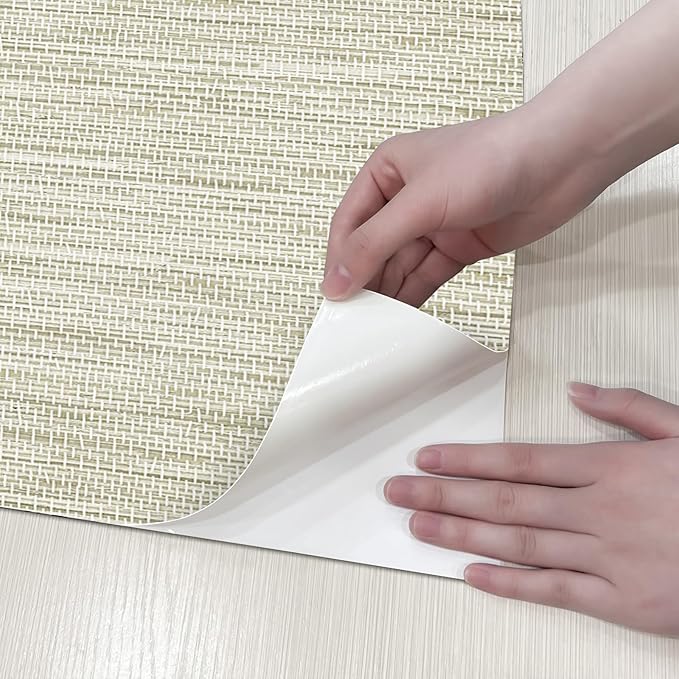 JiffDiff Grasscloth Wallpaper Peel and Stick Cream Grassweave Peel & Stick Wall Paper Textured Wallpaper Self Adhesive Contact Paper 787" x 17.3"