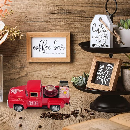 Coffee Bar Decor Vintage Mini Metal Pickup Truck Decor with Book Accessories for Coffee Station,Farmhouse Tiered Tray Table Decorations for Home Kitchen, Office, Cafe
