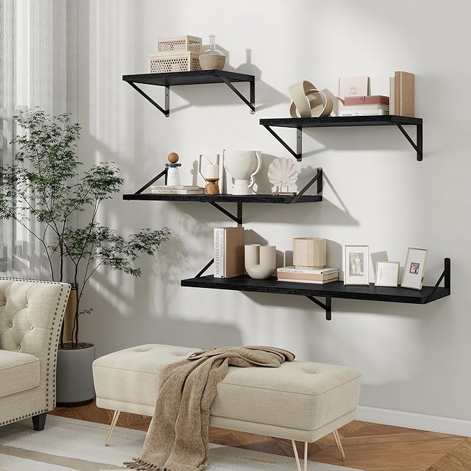Floating Shelves, 12 Inch Deep Rustic Wood Wall Storage, 24W x 12D Wall Shelves Set of 2, Heavy Duty Metal Brackets, Large Industrial Book Shelf for Living Room, Kitchen, Bedroom, Black