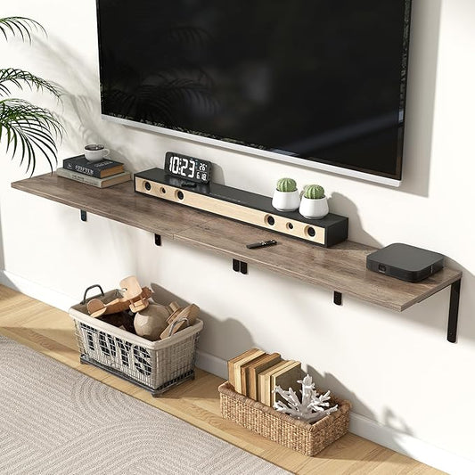 Fun Memories Floating Shelves for Wall, 12 Inch Deep Floating Shelves Set of 2, Wall Mounted Shelf with Metal Brackets, Rustic Wood Wide Shelf for Bathroom, Kitchen and Living Room, Grey, 36W x 12D
