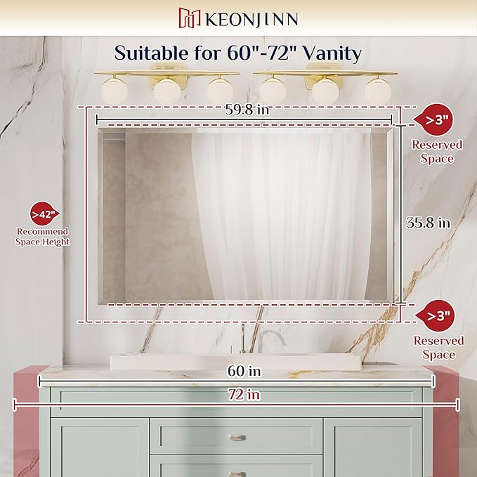 Keonjinn Beveled Bathroom Mirror 60” x 36“, Rectangle Mirrors for Bathroom Sink, Large Wall Mirror,Shatterproof, Modern Decorative for Living Room, Entryway, Bedroom, Horizontal/Vertical