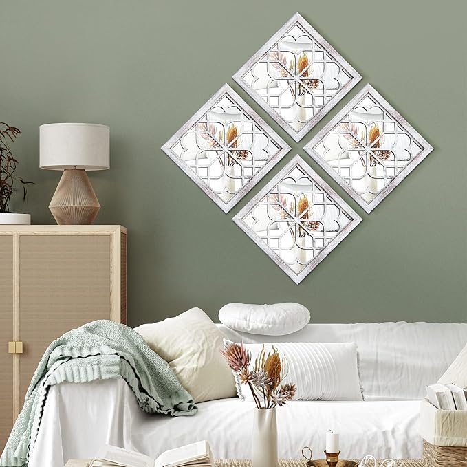 Tatuo 4 Pcs Mirrors Square Wall Mirror, Gorgeous Rustic Farmhouse Accent Mirror, Rustic for Bathroom Renovation Bedrooms Living Rooms, 12 x 12 Inch(Elegant White)