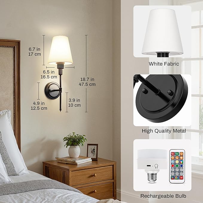 DORESshop Battery Operated Wall Sconce Set of 2, Wall Light Wireless Easy to Install, Dimmable and Adjustable Sconces Wall Decor, Rechargeable Wall Lamp for Bedroom, Living Room, Black 18.7in