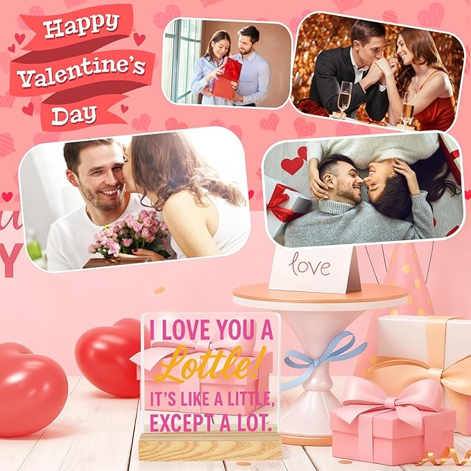Valentines Desk Decor, Happy Valentine's Day Home Office Table Sign for Porch Tiered Tray Shelf Party, Rustic Romantic Acrylic Gifts Decorations for Him Her Wife, I Love You A Lottle