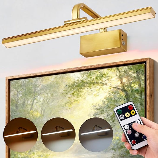 Picture Light,Picture Lights for Wall Cordless,Picture Lights with Timer and Dimmable,Battery Wall Lights for Display Gallery Painting Art Frame Portrait-L Brass